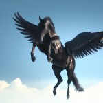یک اسب با دوبال در حال پرواز در آسمان ابری