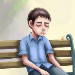 یک پسرک غمگین، نشسته روی نیمکت، پیراهن آبی، چهره غمگین