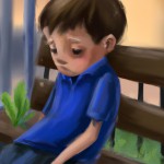 یک پسرک غمگین، نشسته روی نیمکت، پیراهن آبی، چهره غمگین