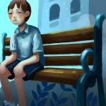 یک پسرک غمگین، نشسته روی نیمکت، پیراهن آبی، چهره غمگین