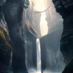 Majestic waterfall, crashing down a cliff face, digital art
