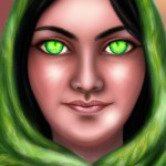 خانمی زیبا و چشم رنگی با شال سبز و خفن