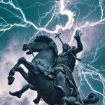 یک شخصیت اساطیری که اطراف آن پر از رعد و برق است و در آسمان در حال مبارزه