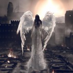 (front view:1. 2) of a graceful female angel, large white wings folded down, sad, intricate white dress, walk on decrepit street, destroyed buildings, dark sky, active fires in background, volumetric fog, subsurface scattering, ambient occlusion, post apocalyptic, ruins of war, fire, smoke, (bokeh:1. 4) <lora:LowRA:1> <lora:add_detail:0. 6>