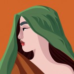 یک زن با چادر سبز با موهای بلند