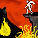 عکس از آدمی که روی صخره کوچکی در میان بهشت و جهنم قرار دارد و همواره شیطان  در سمت  چپ در تلاش است که اورا به جهنم بیندازد که در آنجا آدمها در آتش میسوزند و  شیاطین  با شکنجه های مختلفی مردم را عذاب میدهد  بیندازد و از آن طرف هم فرشته در تلاش است که شخص را به بهشت ببرد
