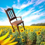 صندلی ای در حال پرواز بر فراز دشتی از گل های آفتابگردان