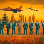 تصویری از یک باند هواپیما در یک عصر پاییزی که شهید مصطفی اردستانی به همراه 9نوجوان در جلوی تصویر با لباس خلبانی دیده می‌شوند و در یک گراند تصویر جنگنده ای میدرخشد