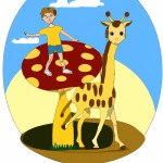 یک دانش آموز پسر  و دختر دوازده ساله که بالای یک قارچ خیلی بزرگ رفته باشند و در حال بازی کردن با زرافه باشند