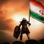 تصویر یک جنگجو در حال ورود به شهر قدس با پرچم ایران با حالت فاتحانه و پیروزمندانه