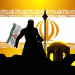 تصویر یک روحانی سید در حال ورود به شهر قدس با پرچم ایران با حالت فاتحانه و پیروزمندانه