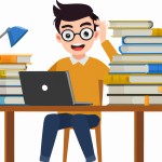 یک آدم خیلی باهوش،در حال مطالعه به من بده که لپ تاپ هم کنارش هست و کتاب هم زیاد داره
