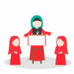یک دختر با حجاب که در حال سخنرانی برای دوستانش در کلاس درس می باشد.