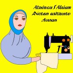 تصویر یک زن خانه دار موفق جسور قوی  با روسری و چهره ای مهربان که در حال کار در منزل 
 با ابزار خیاطی است رو ترسیم کن