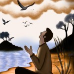 سلام تصویری از یه مرد می خوام که توی یه فضای رویایی تو ساحل نشسته در حالی که پشتش درختانی هستند و معلومه که تو ساحل یه جزیره هست و داره نماز می خونه. پشتش به ماست و رو به دریا هست. نور از سمت دستاش به آسمون بالا میره و پرندگان ساحلی بالای سرش پرواز می کنن و روی سرش شکوفه می ریزن.