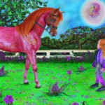 نقاشی اسب در باغ کنار یک بچه