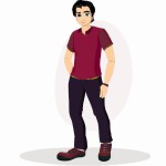 یک آقا با موهای مشکی و قدی بلند و چشمانی زیبا و پیراهن زرشکی و شلوار سرمه ای