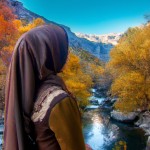 یک خانم معلم زیبا پشت به تصویر با روسری ولباس بلند در فضایی پر از درخت و رودخانه و کوه ودرختان رنگ پاییزی