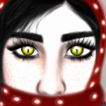 دختری باچشمان سبز وروسری قرمز با نقطه های مشکی
