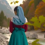 یک خانم معلم زیبا پشت به تصویر با روسری  ولباس بلند در فضایی پر از درخت و رودخانه و کوه ودرختان رنگ پاییزی
