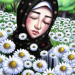 تصویر یک دختر با حجاب داخل یک باغ پر از گل بابونه رو بساز