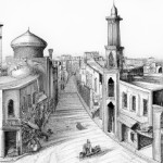 یک طراحی مدادی از شهر مشهد قدیم در ابعاد ۲ متر در ۵ متر مربع