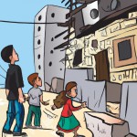 دختر فلسطینی زخمی کنار خانه ای خراب کنار مادر پدر شهیدش. گروهی برای نجات به سمتشان می ایند
