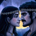 یک زوج عاشق در دوره ساسانیان همدیگر را در آغوش گرفتند و با لبخند همدیگر را نگاه میکنند