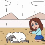 انیمیشن دختر کوچکی در کنار گوسفندی که مرده است گریه می کند