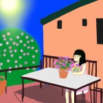 خونه ای گلی با باغچه و میزی جلوی خونه و گل روی میز و دختری کنار میز