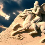 کوروش بزرگ هخامنشی در نبرد با یونانیان باستان و یک اژدها در حال پرواز در آسمان