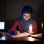 دانش آموز دختری با حجابی  که در یک خانه تاریک که برق هایش رفته و با  شمع به سختی درحال   انجام تکالیف است
