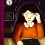 دانش آموز دختری که در یک خانه تاریک که برق هایش رفته مشغول انجام تکالیف است