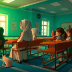 دختر کلاس اولی با حجاب سرکلاس درس پر از دانش آموز و کلاسی زیبا