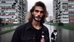 مردی قد بلند با کت مشکی با موهای طلایی تا روی شونه هایش و دست راستش خالکوبی باشد و با آب نباتی در دهانش با چشم های خمار در زیر باران و در شهر و کنار آپارتمان ها قدم میزند و گربه ای سیاه و سفید با قلاده ای قرمز رنگ در کنار او مشغول راه رفتن است