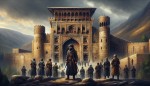 حسن صباح که در درب ورودی قلعه الموت ایستاده به همراه تیم ترور خود