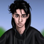 یک پسر لاغر با زاویه فک زیبا . مو و چشم مشکی و هودی مشکی
درون پارک