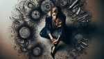 زنی زیبا با موضوع های مشکی نشسته روی زانو در خوردن کار مرد از نمای بالا زن سفید است