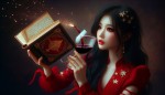 کتابی که از ان شراب میریزد و دختری در خال نوشیدن شراب از ان کتاب ایت و لباسی به رنگ قرمز با موهای مشکی دارد و از استین های لباس ستاره اویزان است و چشمان دختر به رنگ مشکی است