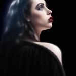 Dark fantasy gothic stunningly realistic beauty looking over the shoulder at the viewer