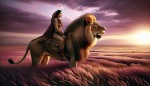 شیری که زنی ایرانی بر ان سوار است و در دشتها ی پهناور هستند