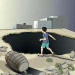 Side view of large earthen tank in front of a Palestinian boy with messy hair and dirty face and old clothes with a stone in his hand running proudly and boldly towards the tank and shouting, high quality detailed image, alone in the ruined city, ruined And burnt houses, smoke, side view, tank