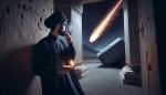 جوانی با لباس های مشکی کنار مقبره فعلی کوروش ایستاده و سیگار در دست دارد و شهاب سنگی به زمین نزدیک میشود
