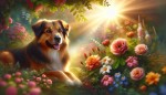 عکس یک گل در باغی زیبا که یک سگ به آن نگاه میکند