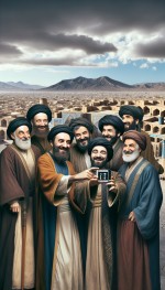 شاعران قدیمی ایرانی در کنار هم ایستاده اند و عکس سلفی می گیرند