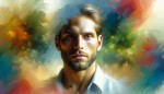 A painting portrait from his amnesty the leadership, but with the focus being on his face and a colorful outdoor background being blurred