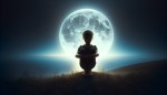 یک پسر تنها که پشت سرش ماه یاشد و زانوهاش بغل کرده و به افق نگاه می‌کند.