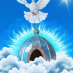 کبوتر سفید با پاهای پر پری چشم آبی در حال پرواز از حرم و گنبد