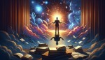 یک فردی که میخواهد توسعه فردی داشته باشد در یک فضای رویایی و پشت زمینه اجرام کیهانی با حالت جدی و صمیمی