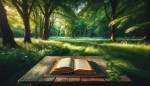 عکس یک کتاب روی میز در فضای سبز